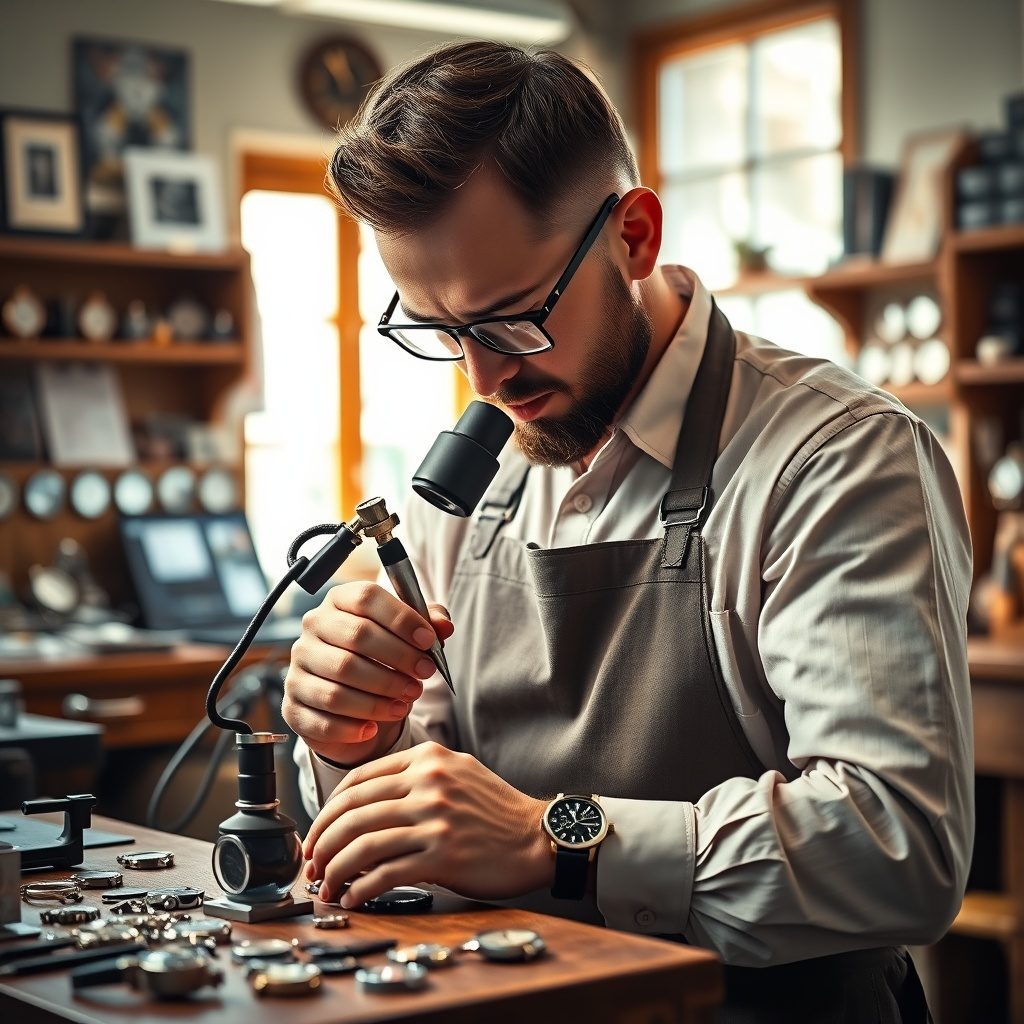 Relógio sendo reparado por um artesão